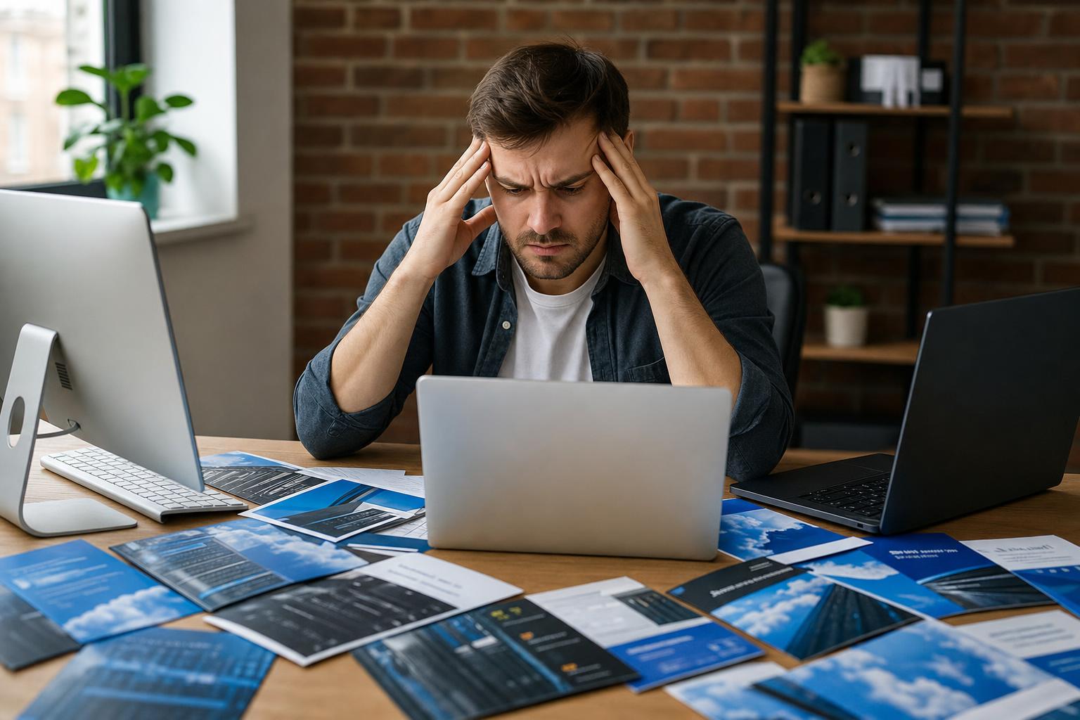 A frustrated person surrounded by computers and web hosting brochures.