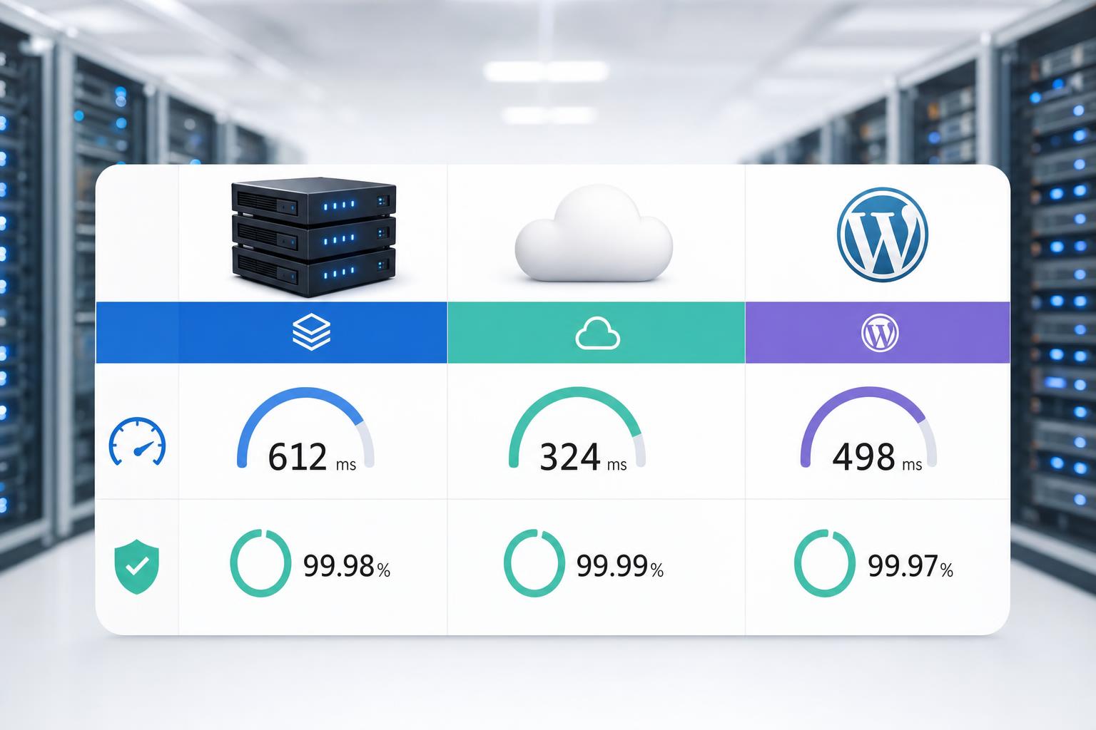 Side-by-side comparison chart of hosting services with speed and uptime statistics.