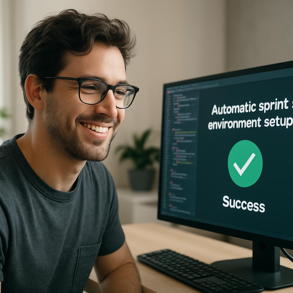 A developer smiling, looking at a computer screen displaying a successful automatic sprint environment setup