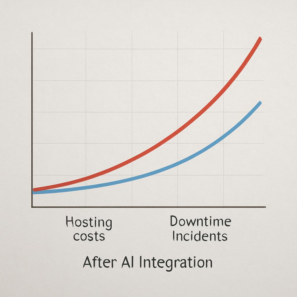 A graph showing the increase in hosting costs and downtime incidents after AI integration