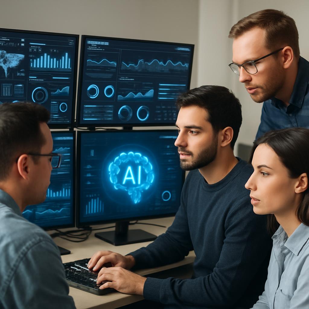 A team of IT specialists reviewing AI hosting dashboards on multiple monitors