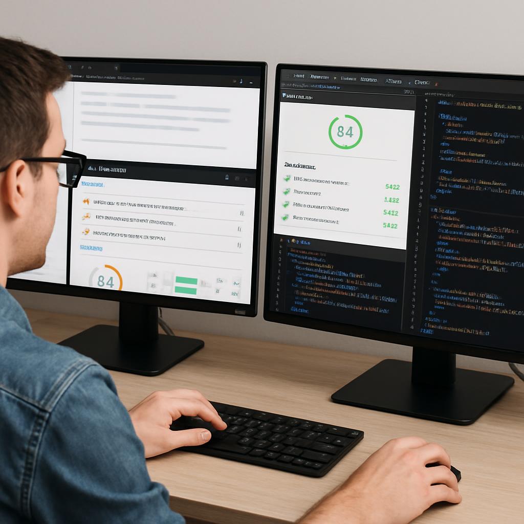 A photorealistic image of a web developer working on a dual monitor setup, with accessibility tools on one screen and performance testing tools on the other.