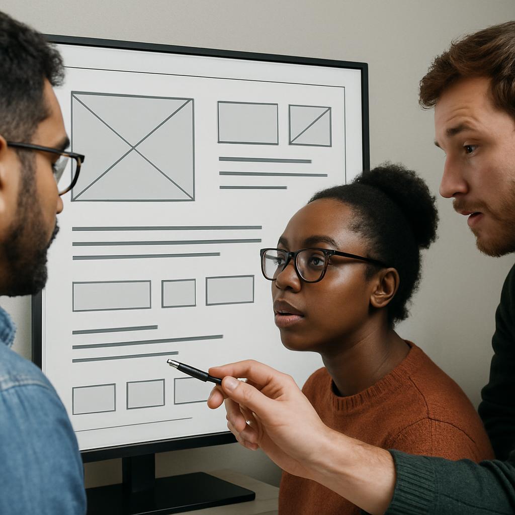 Close-up shot of a diverse team of web developers discussing a website's wireframe on a large screen.