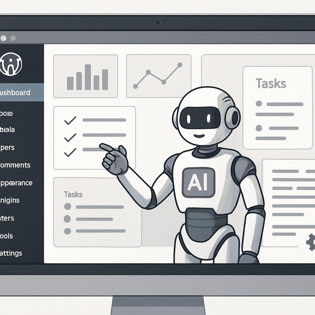 A sleek, modern WordPress dashboard showing an AI assistant in action, automating tasks