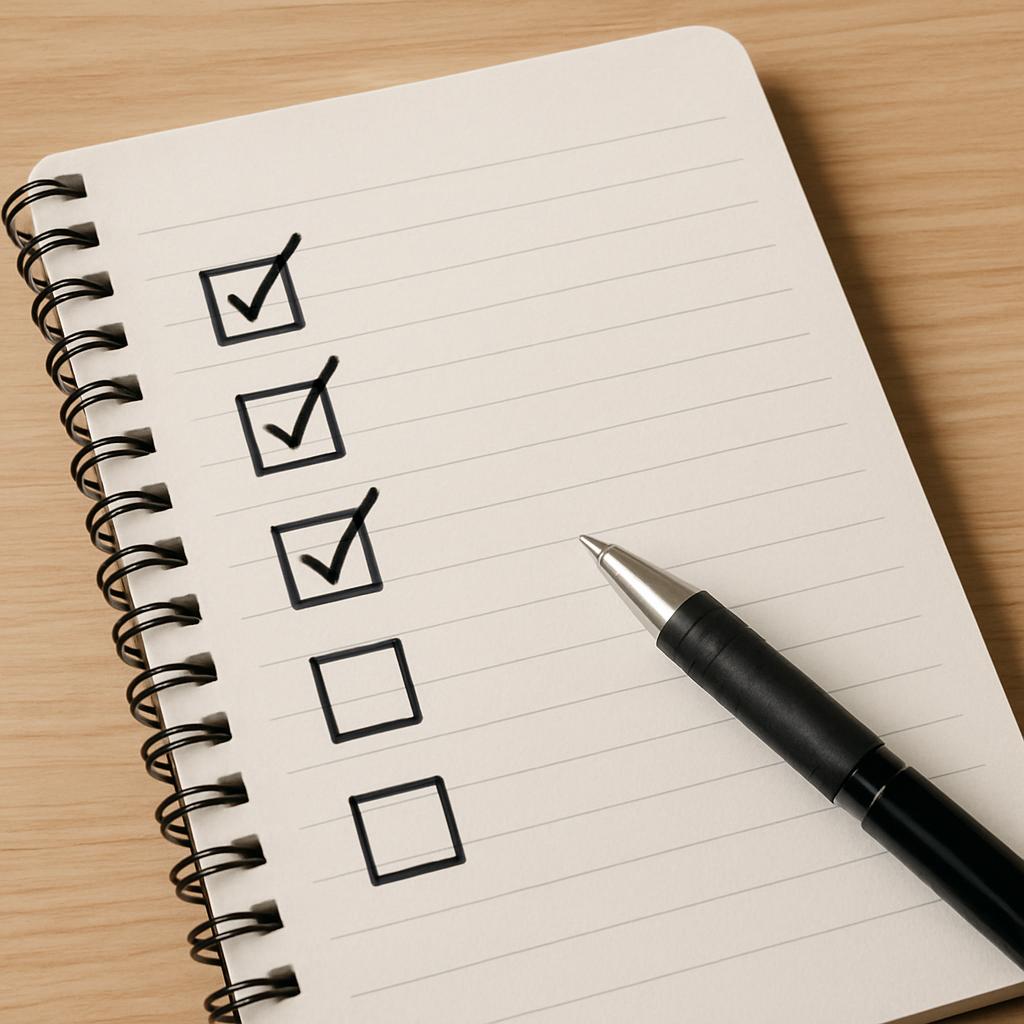 A checklist on a notepad with items related to setting up an AI assistant on a WordPress site